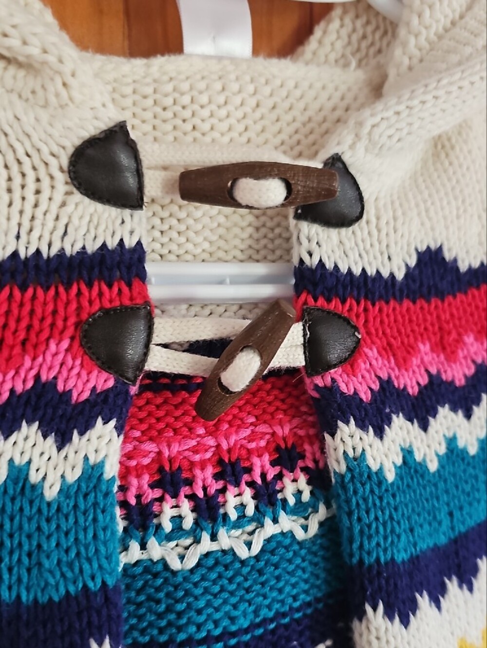Cream Hooded Knit Cape with Multicolor Fair Isle Stripes - Picture 2 of 7